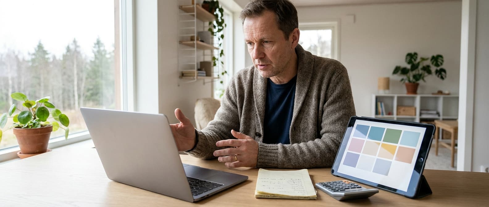 Norsk bedriftseier som sammenligner prisalternativer på en bærbar datamaskin og nettbrett