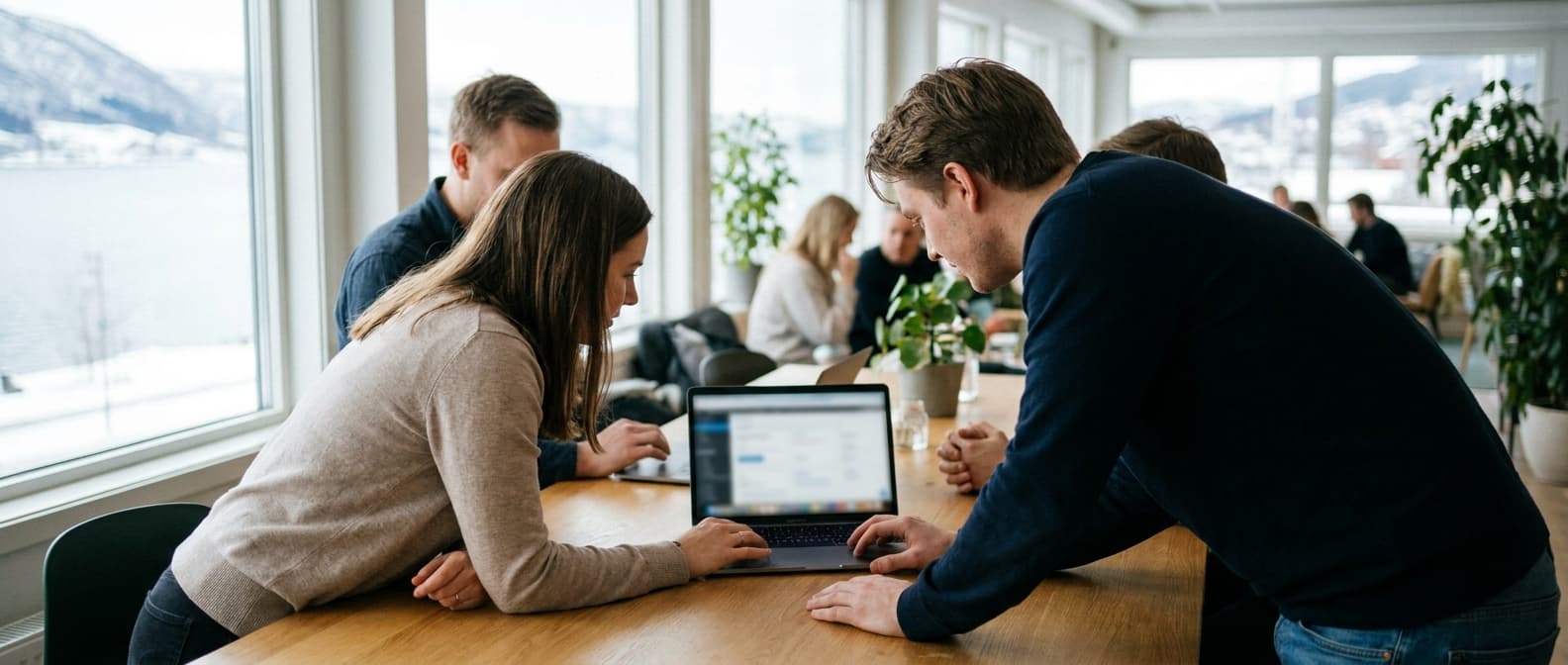 Lite norsk team som sammenligner regnskapsprogram på bærbar datamaskin i et lyst kontorlokale