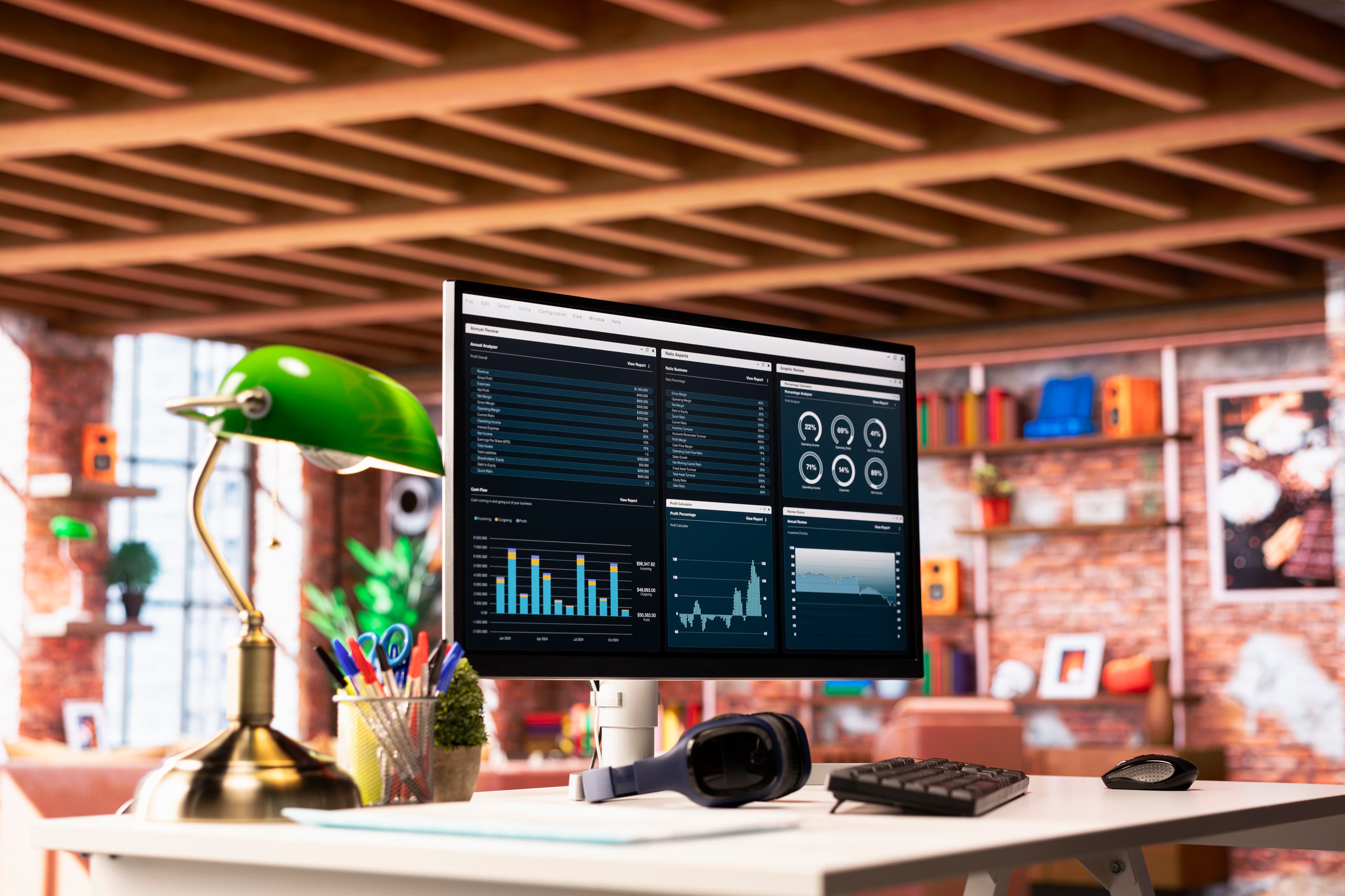 Illustrasjon av moderne regnskapsdashboard med automatisering