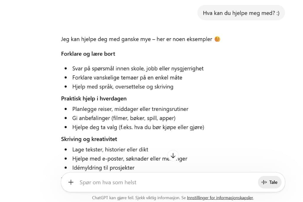 ChatGPT eksempel på samtale og svar
