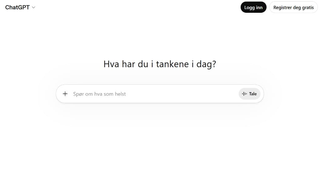 ChatGPT startskjerm med søkefelt