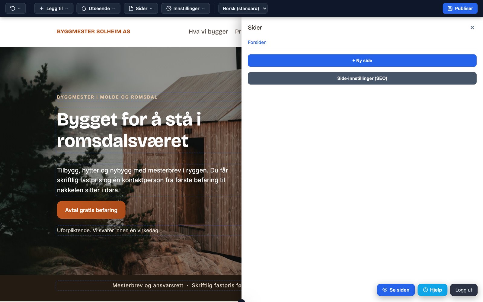 Alle sider-panelet med rekkefølge, dupliser og slett