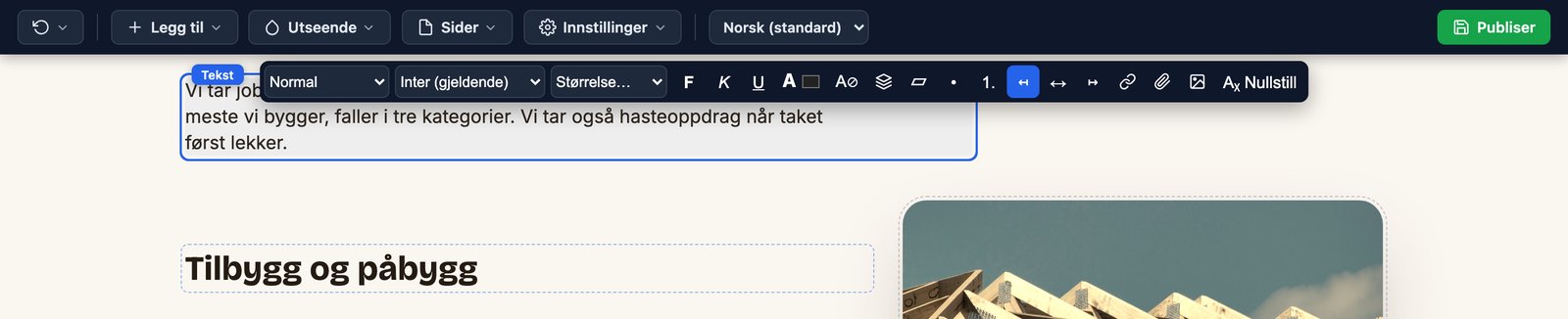 Et avsnitt midt i redigering, med markør, tekstverktøylinje og grønn Publiser-knapp