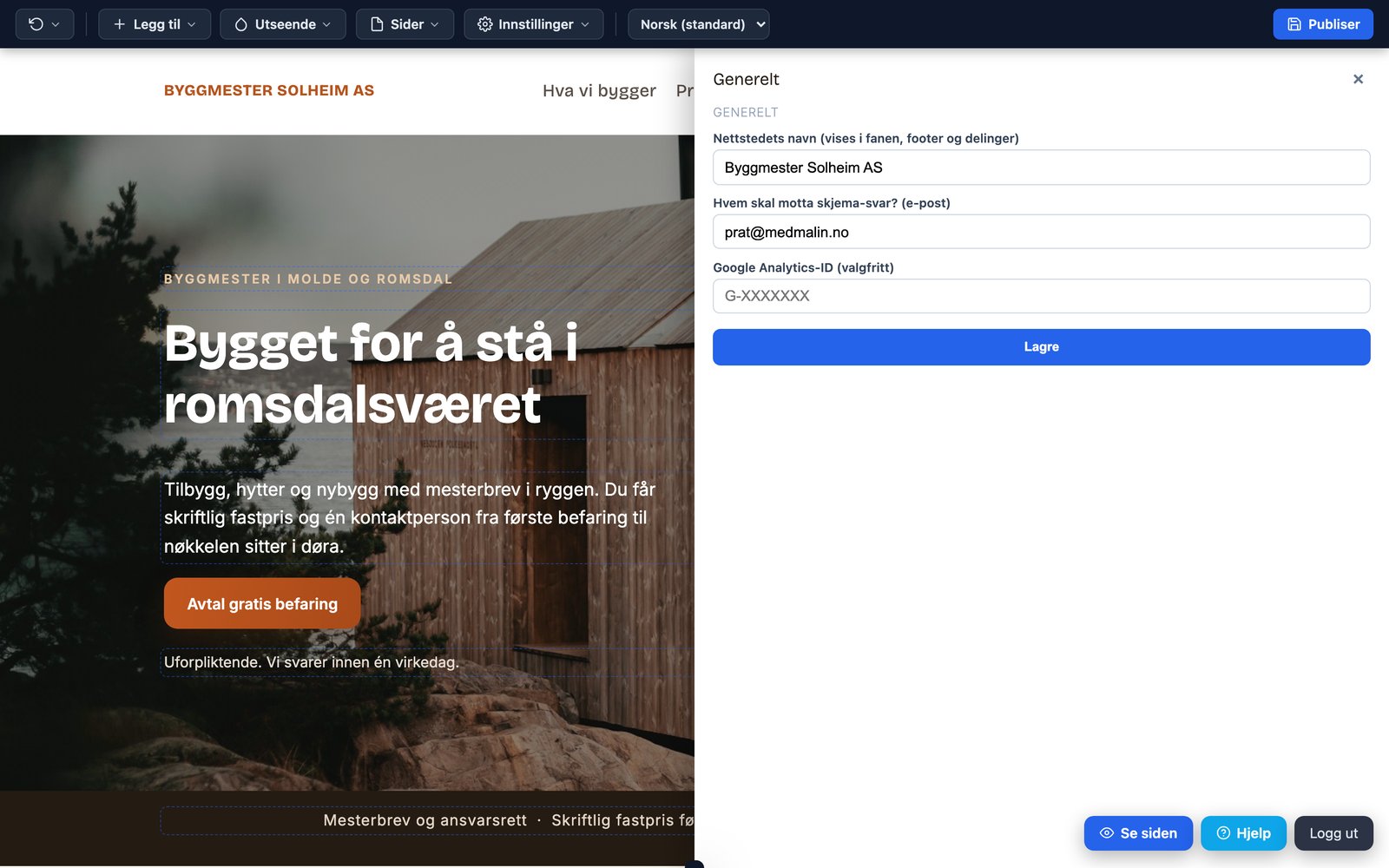 Generelt-dialogen i editoren med mottaker-adressen for skjema-svar