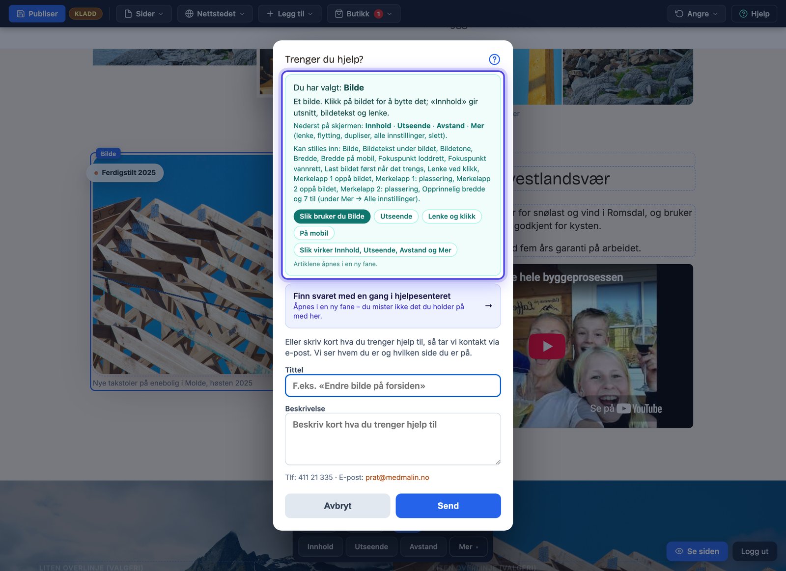 Hjelp-dialogen med blokken Du har valgt: Bilde og en kort forklaring av verbene
