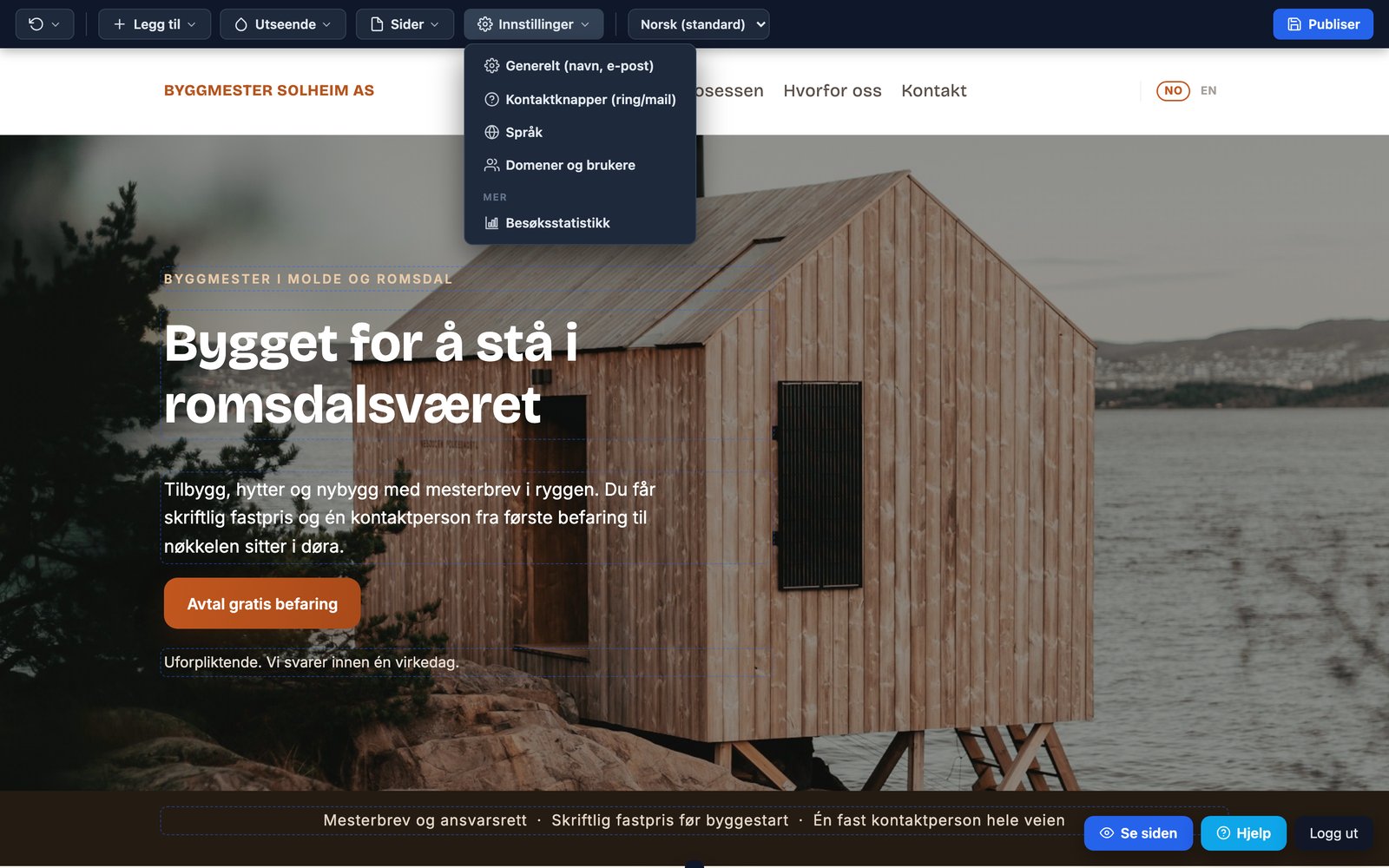 Innstillinger-menyen åpen med Generelt, Kontaktknapper, Språk og Domener