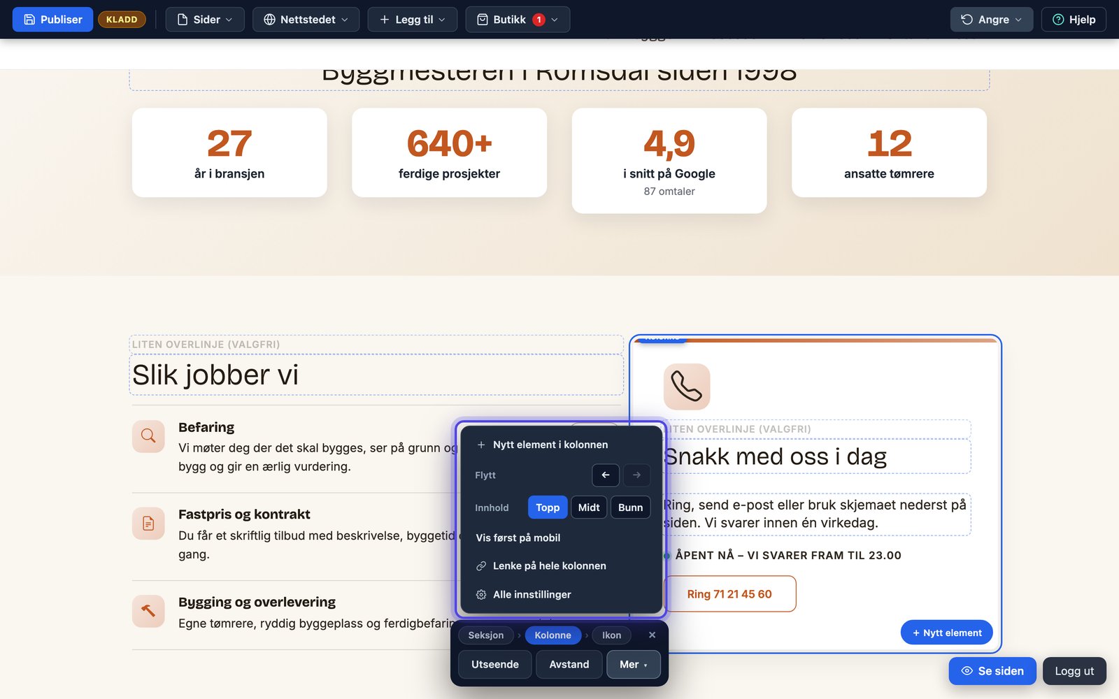 Mer-menyen for en kolonne med valget Vis først på mobil