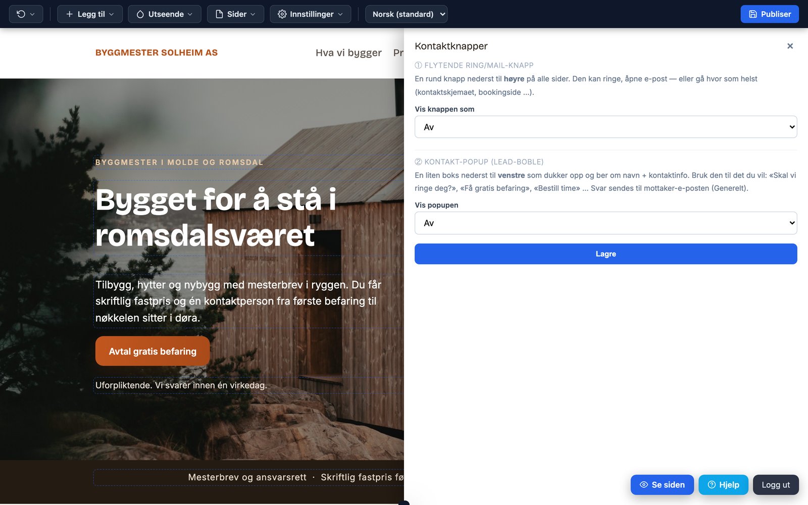 Kontaktknapper-dialogen med typevalg for flytende knapp og popup