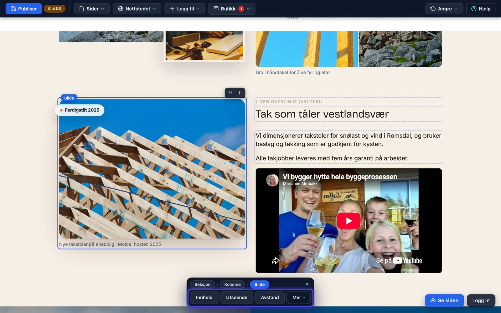 Kontekstlinja med brødsmulen Seksjon, Kolonne, Bilde og de fire knappene Innhold, Utseende, Avstand og Mer
