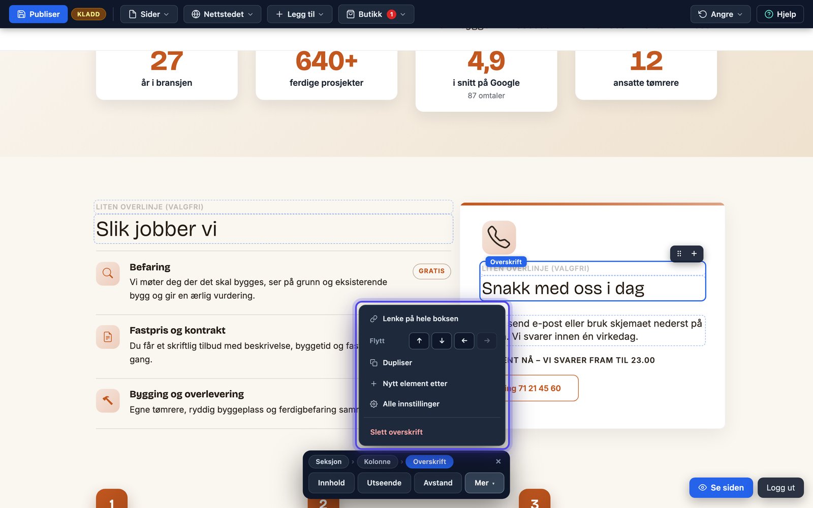 Mer-menyen åpen fra kontekstlinja med Lenke på hele boksen, Flytt, Nytt element etter, Dupliser, Alle innstillinger og Slett