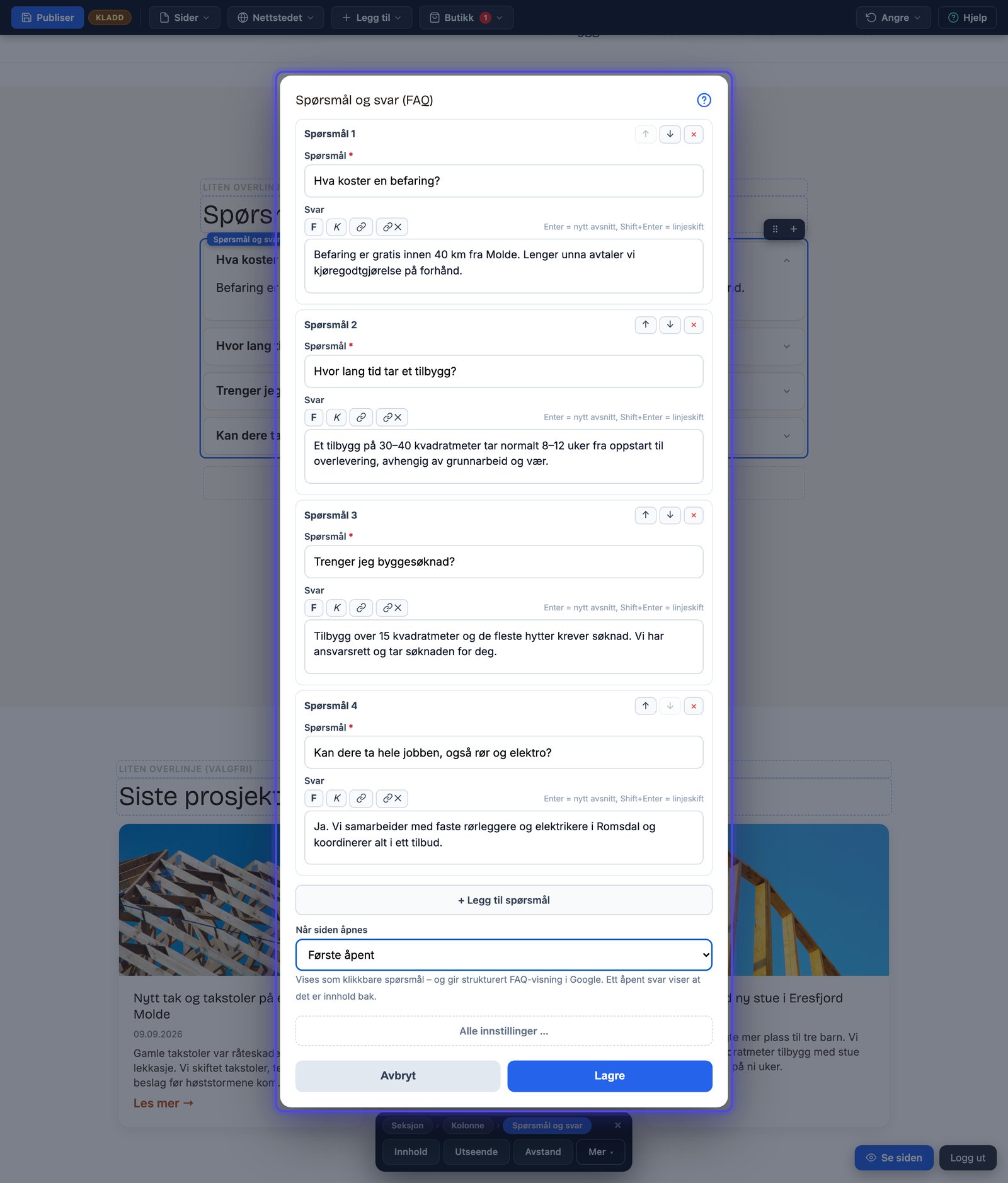 FAQ-dialogen med spørsmål og svar som rader