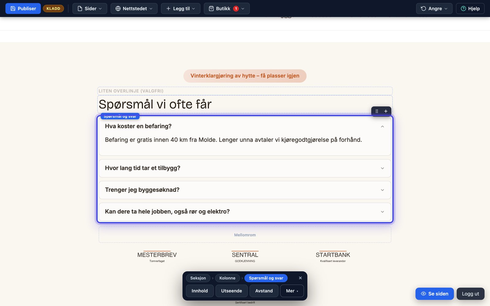 FAQ-en slik den vises på nettsiden som trekkspill-liste