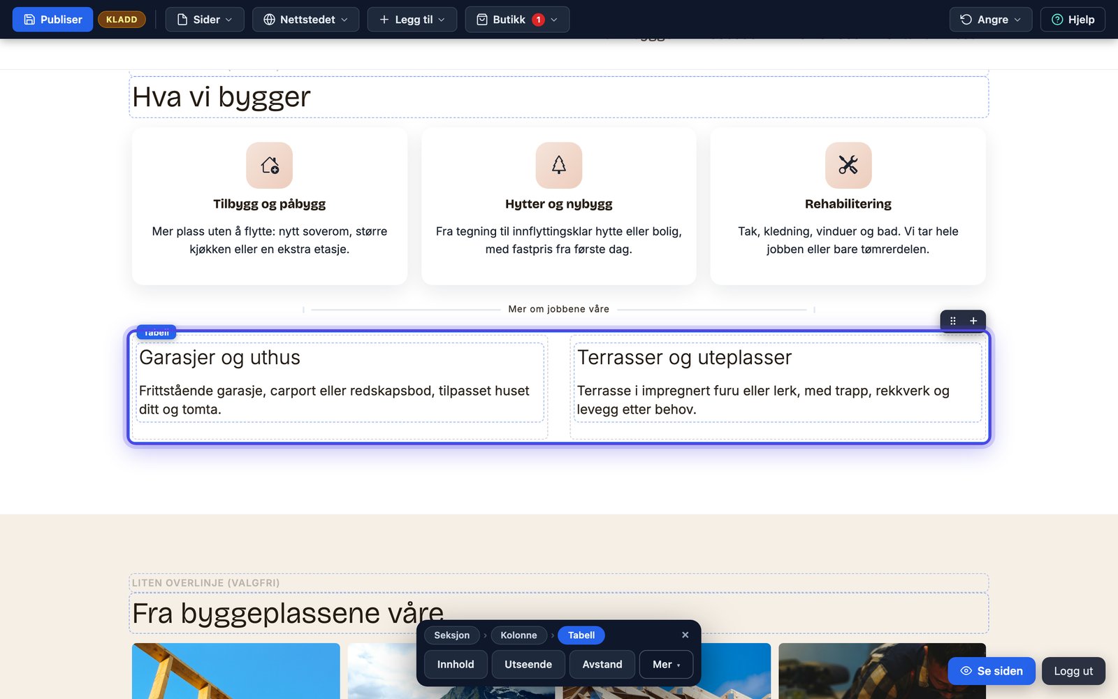 Rutenettet slik det vises på nettsiden med to celler side om side