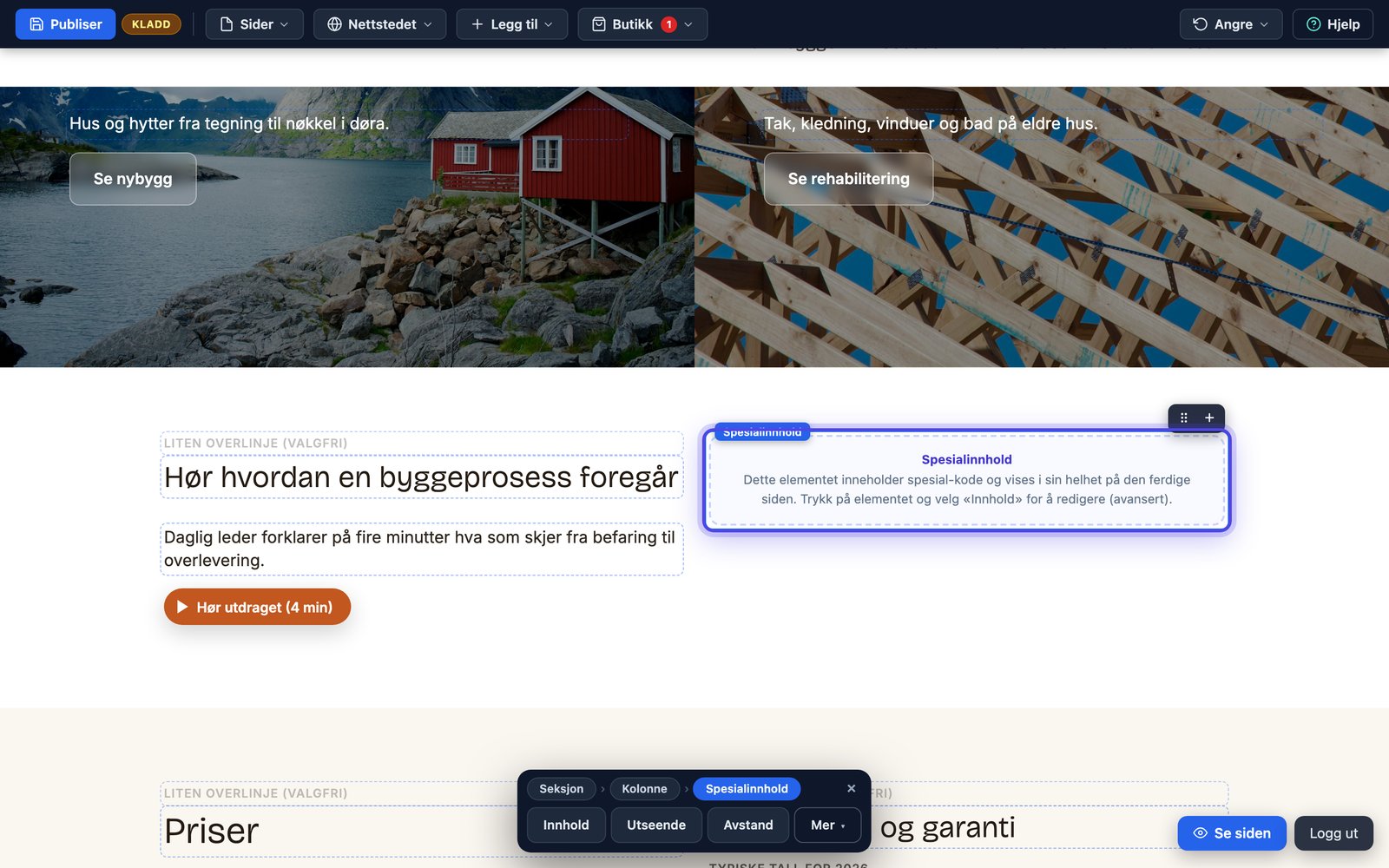 En innebygd widget slik den vises på nettsiden, valgt i editoren