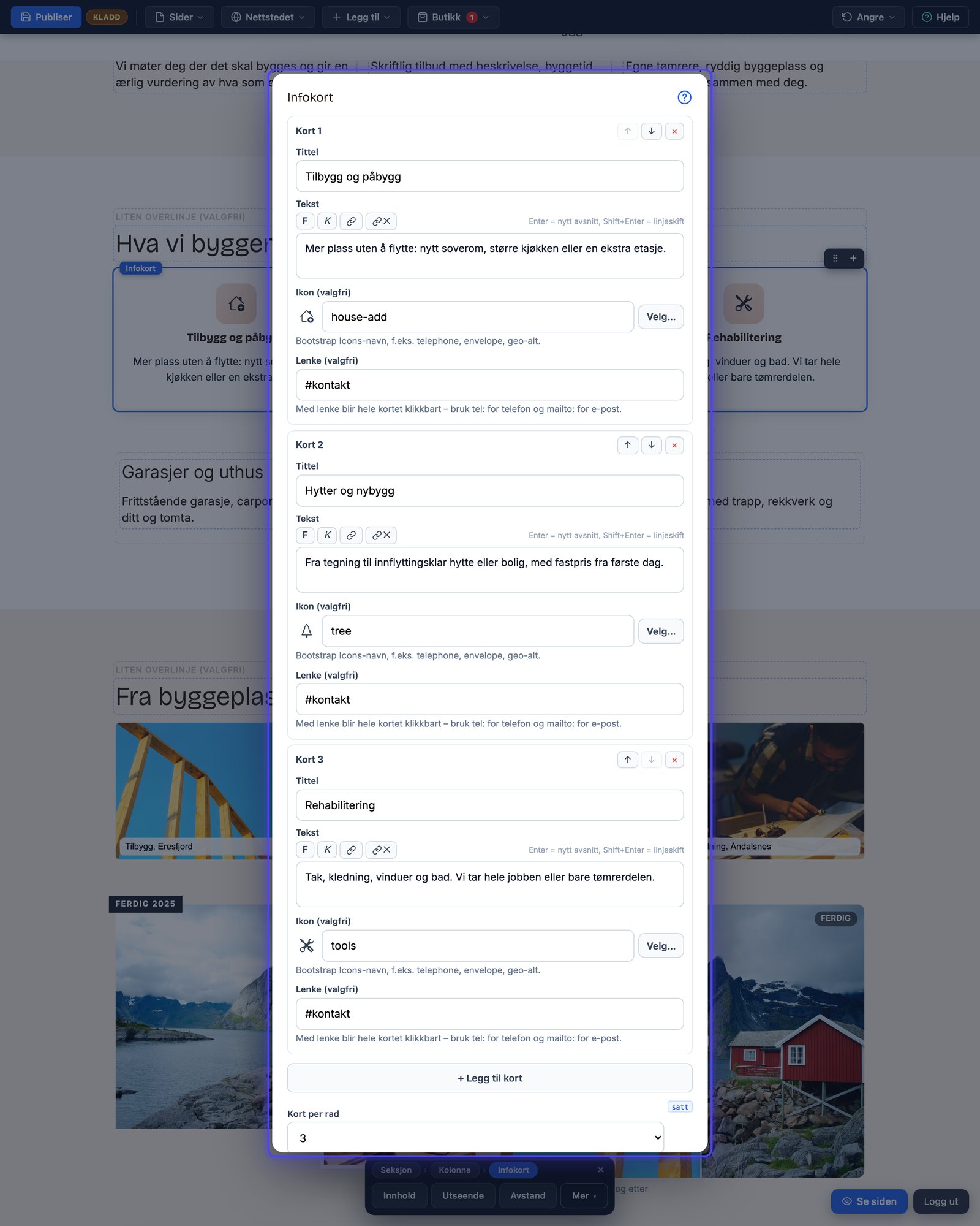 Infokort-dialogen med kortrader og antall per rad