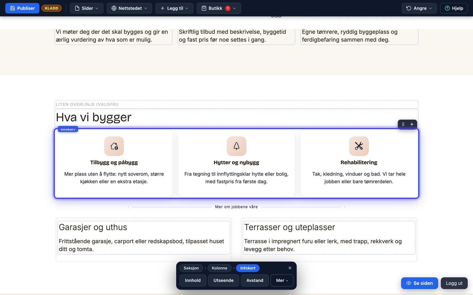 Infokortene slik de vises på nettsiden med ikon, tittel og tekst