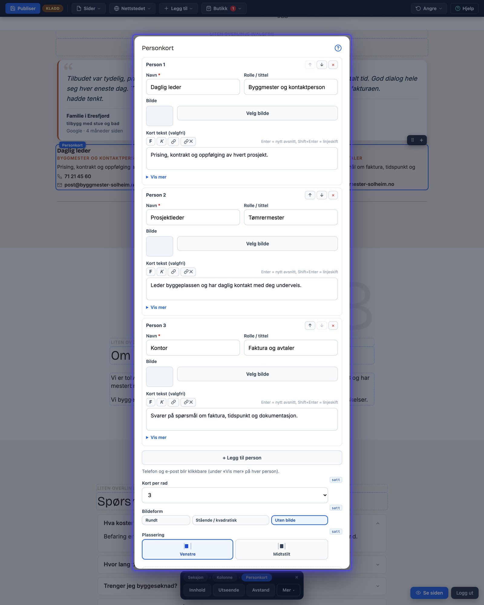 Innhold-dialogen for Personkort med én person, kort per rad og bildeform