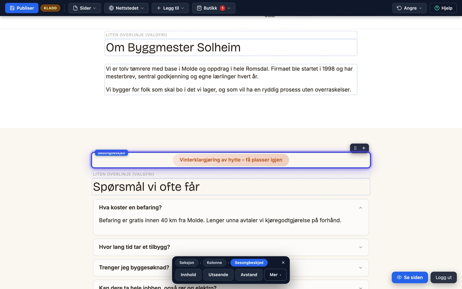 Sesongbeskjeden slik den vises på siden som en liten pille