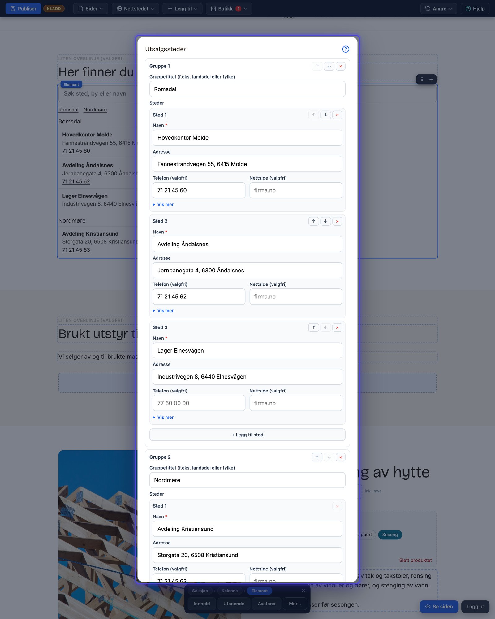 Innhold-dialogen for Utsalgssteder med en gruppe, ett sted, visning og søk