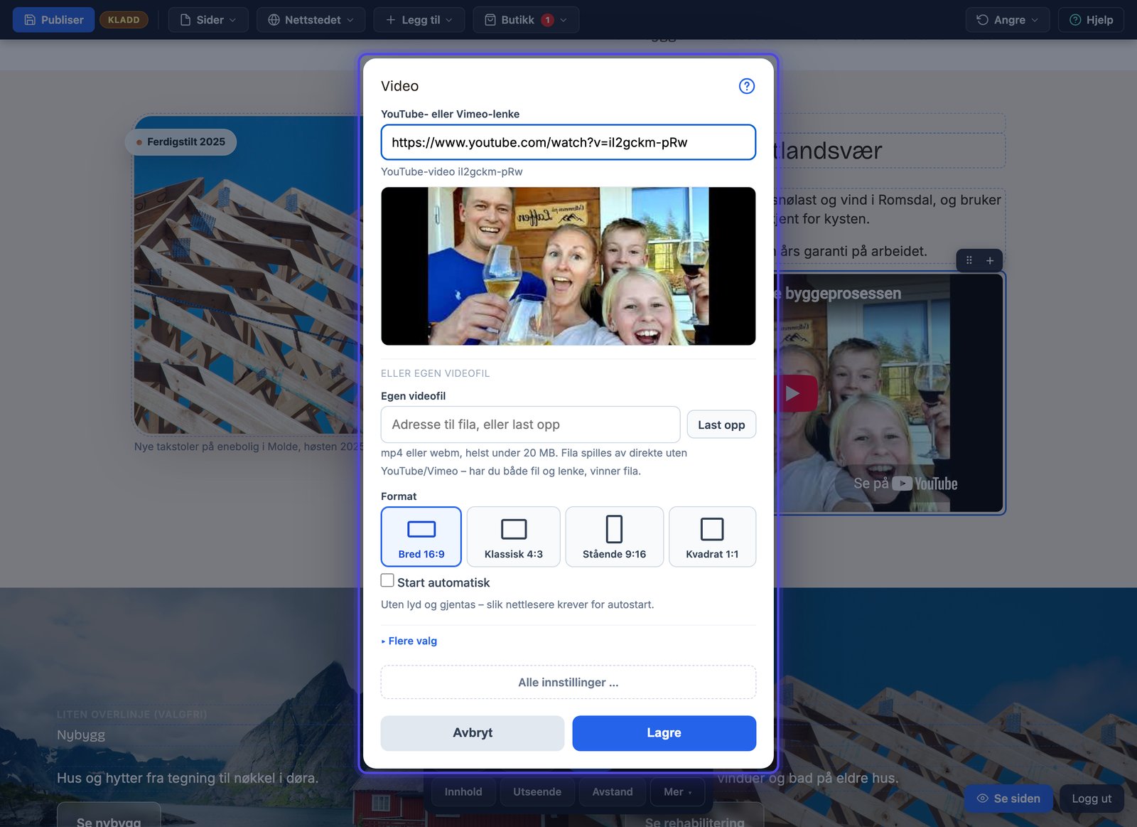 Innhold-dialogen for video: lenkefelt, egen videofil med Last opp, formatknapper og avkrysningen Start automatisk