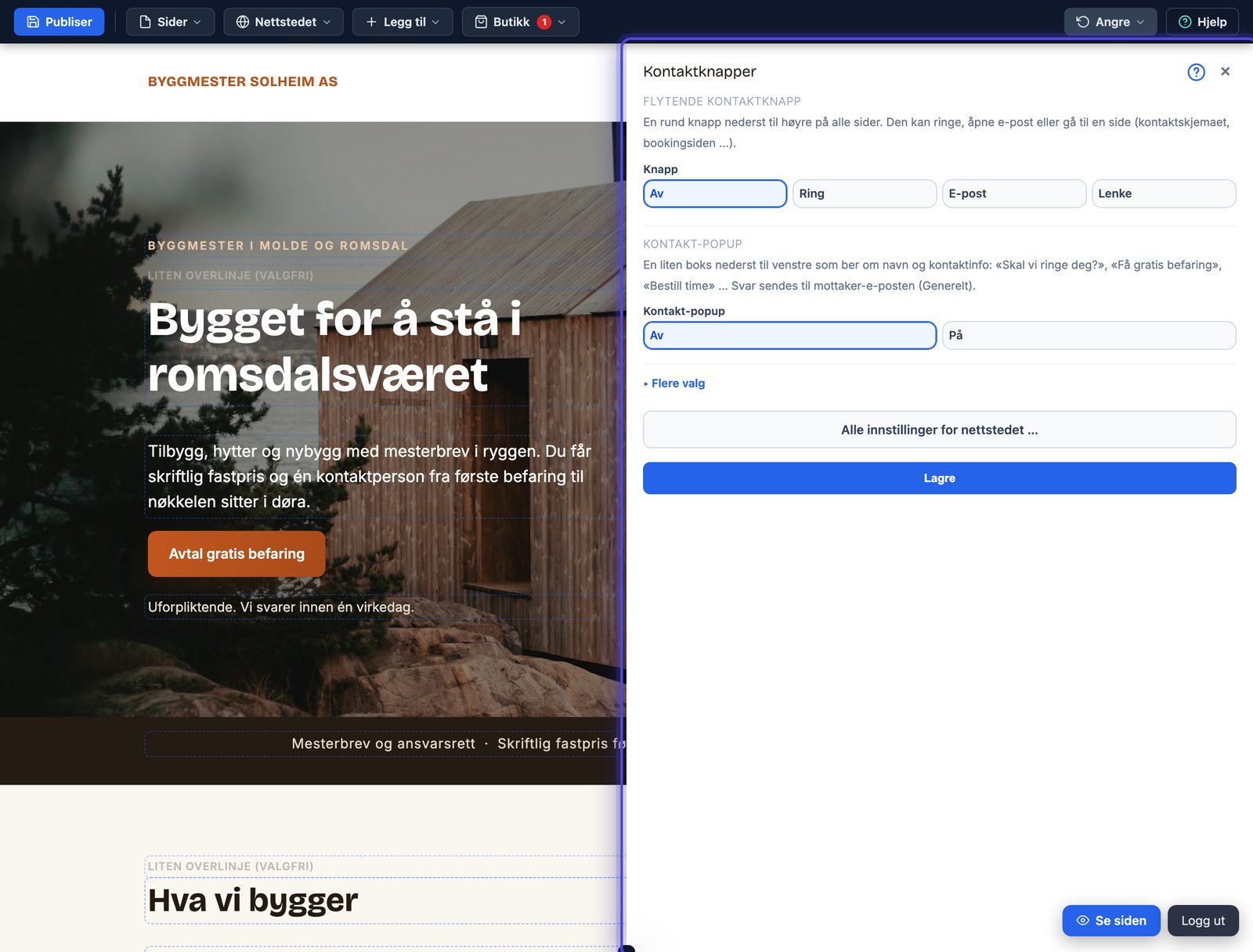Kontaktknapper-dialogen med knappetype og kontakt-popup