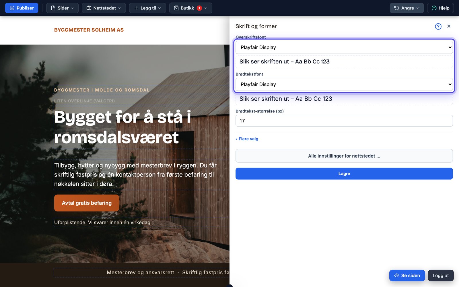 Dialogen Skrift og former med nedtrekk for overskriftsfont og brødtekstfont, hver med en prøvelinje, og felt for brødtekst-størrelse