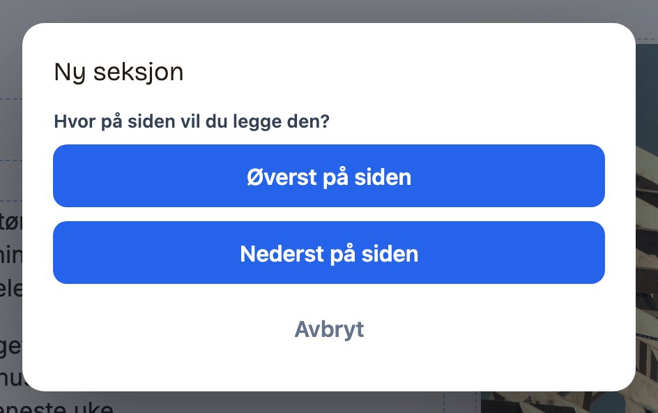 Ny seksjon-dialogen med valget øverst eller nederst på siden