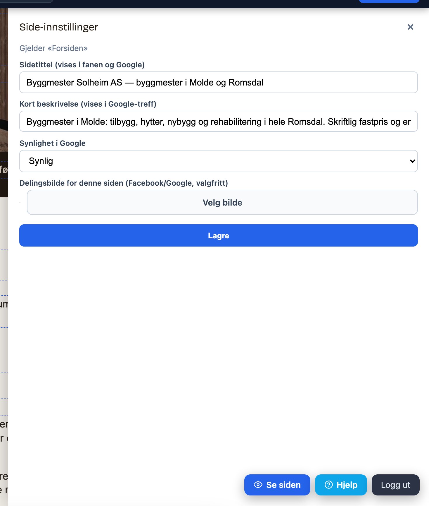 SEO-dialogen i nærbilde med sidetittel- og beskrivelsesfeltene