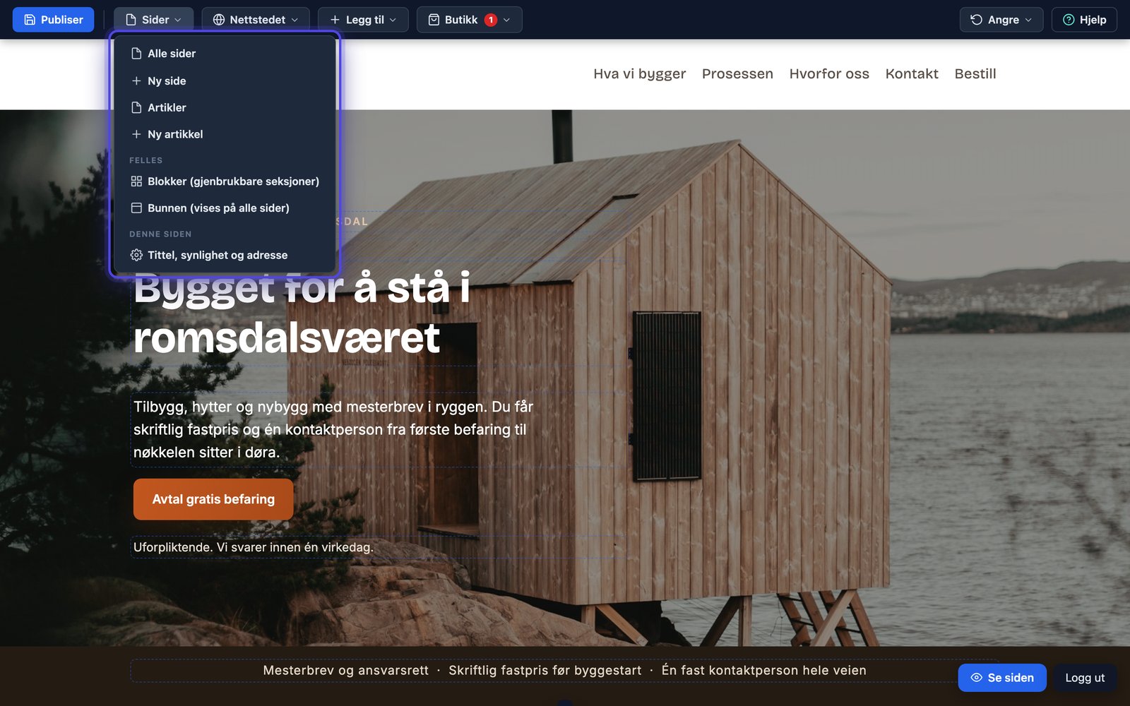 Sider-menyen med punktet Bunnen (vises på alle sider) under Felles
