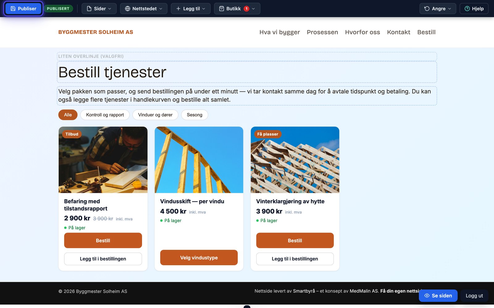 Topplinja i editoren med Publiser markert til venstre, deretter Sider, Nettstedet og Legg til, og Hjelp og Angre til høyre