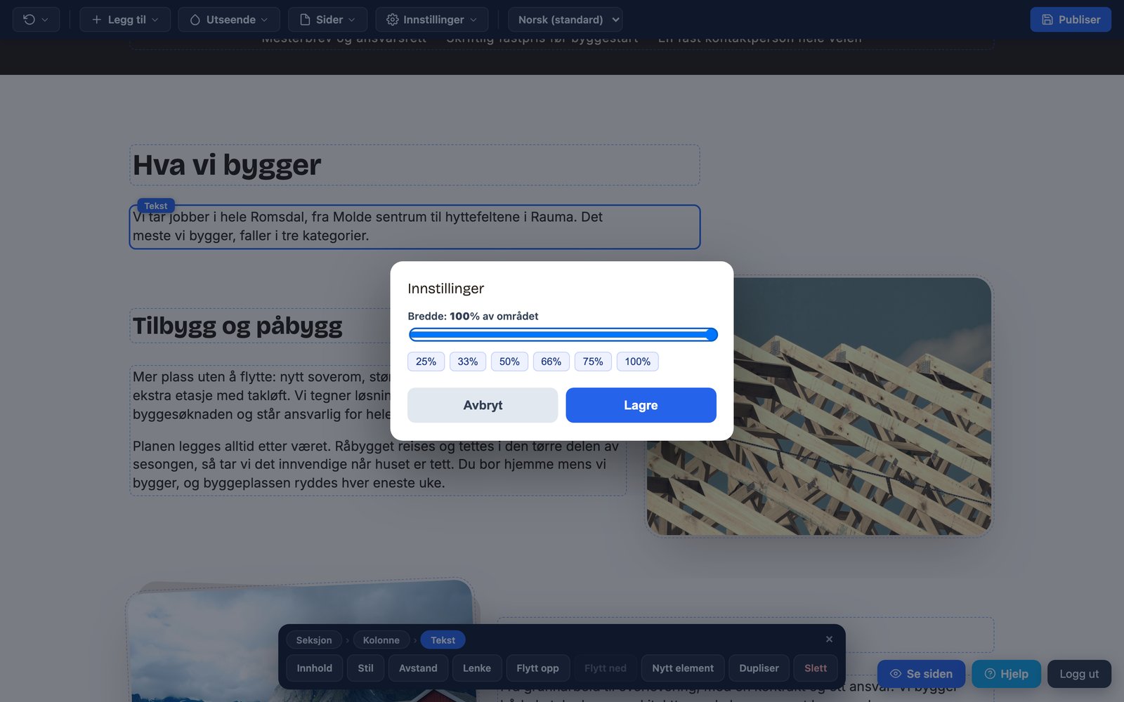 Video-dialogen med felt for YouTube- eller Vimeo-lenke og breddevalg
